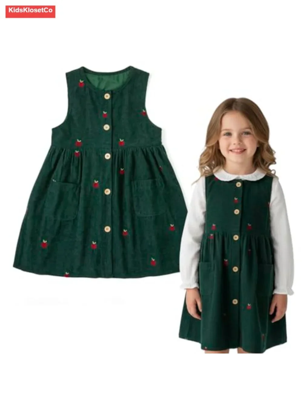 Toddler Fall Corduroy Dress, Sleeveless, Embroidered Hem, Wooden Buttons,
